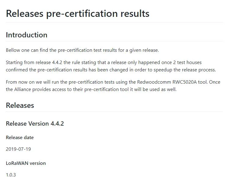 Semtech ― Releases pre-certification results GitHub