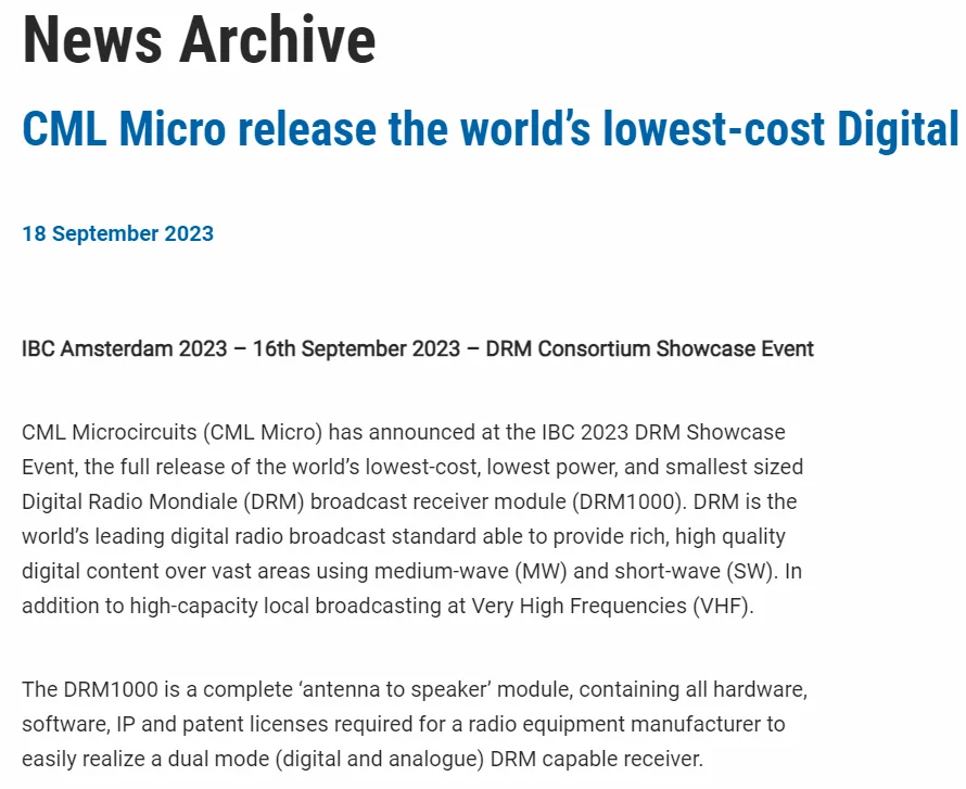 CML Micro release the world’s lowest-cost Digital Radio Mondiale Broadcast Receiver module